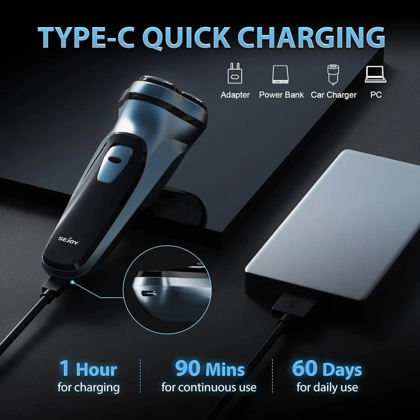 SEJOY Men's Electric Razor USB Rechargeable Shaver Triple Blade Trimmer Beard Floating Head Waterproof Hair Shaving Machine