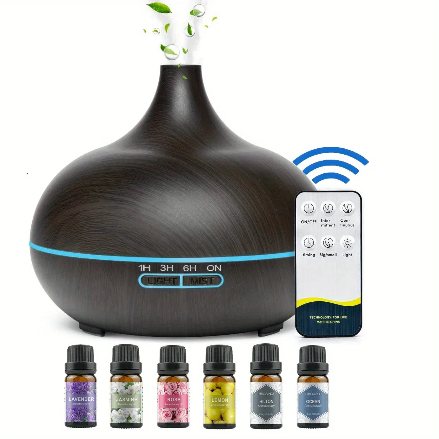 550ML Essential Oil Aroma Diffuser with 6-Bottle 10ml Oil Set, Lavender/ Jasmine/ Rose/ Lemon/ Ocean - Great for Home, Office
