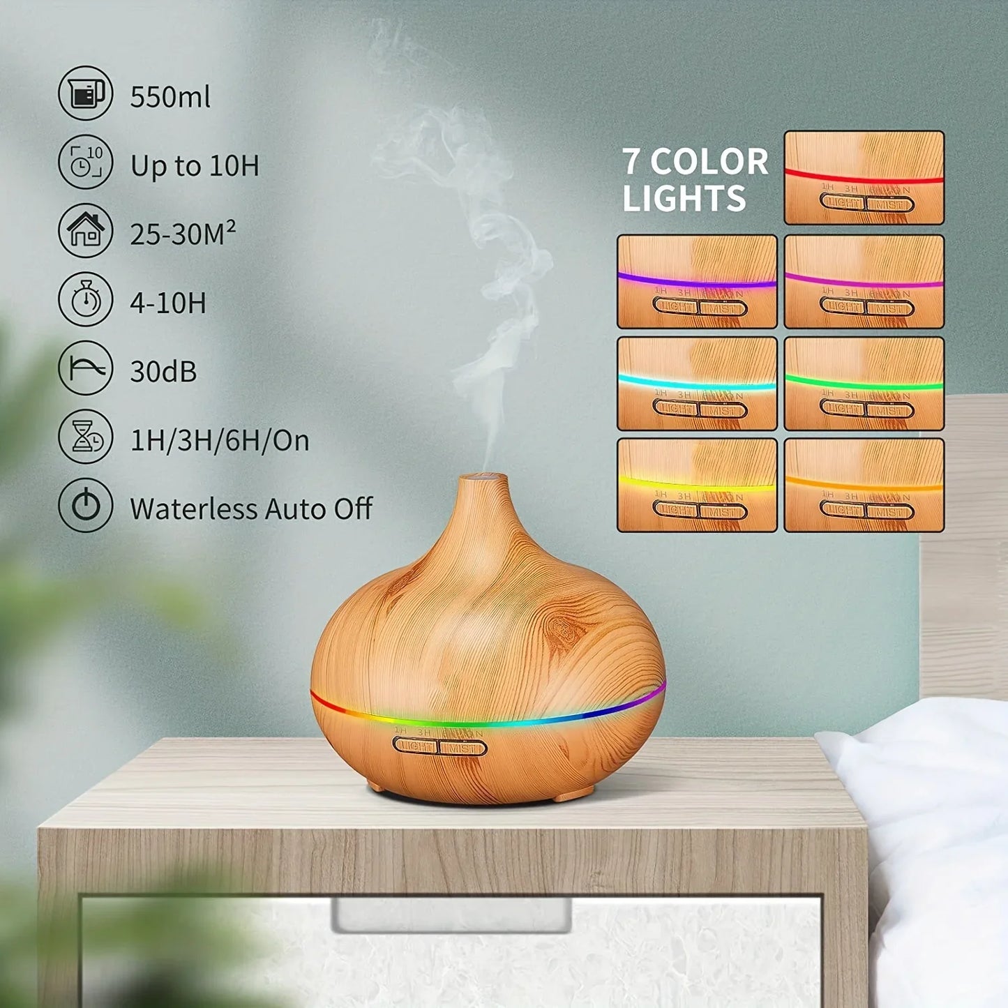 550ML Essential Oil Aroma Diffuser with 6-Bottle 10ml Oil Set, Lavender/ Jasmine/ Rose/ Lemon/ Ocean - Great for Home, Office