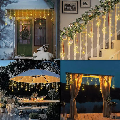 Ramadan Solar Icicle Lights,Outdoor Waterproof Moons Stars Curtain Window String With 8 Modes Timer Remote,USB Rechargeable Connectable Warm White Hanging Decor For Patio