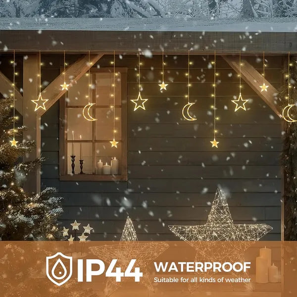 Ramadan Solar Icicle Lights,Outdoor Waterproof Moons Stars Curtain Window String With 8 Modes Timer Remote,USB Rechargeable Connectable Warm White Hanging Decor For Patio