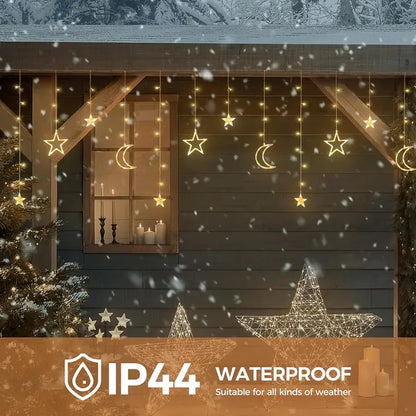 Ramadan Solar Icicle Lights,Outdoor Waterproof Moons Stars Curtain Window String With 8 Modes Timer Remote,USB Rechargeable Connectable Warm White Hanging Decor For Patio